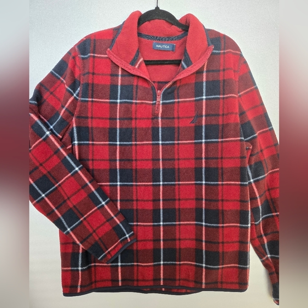 Nautica Men's Red and Black Plaid Quarter-Zip Sweatshirt.Size L - Picture 2 of 5